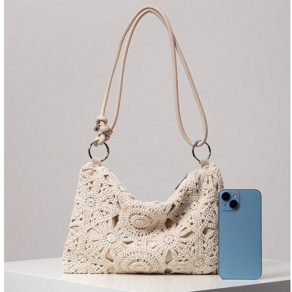 Boho Floral Hollow Out Woven Shoulder Bag - Picture 2 of 5